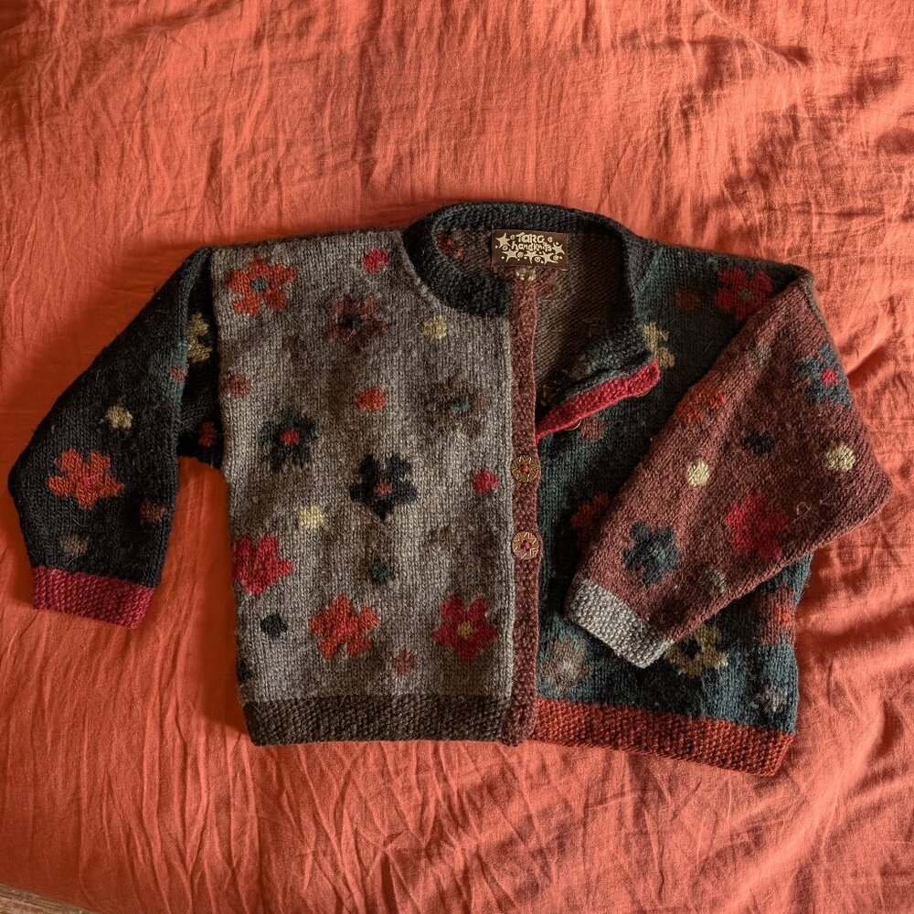 Vintage Wool Boxy Oversize Knit Sweater Cardigan Floral Flower Color Block S M L